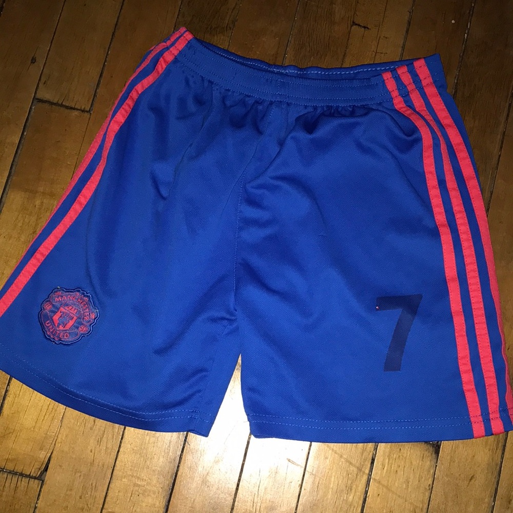 Manchester United adidas Kids Blue Athletic Shorts with Pink Stripes